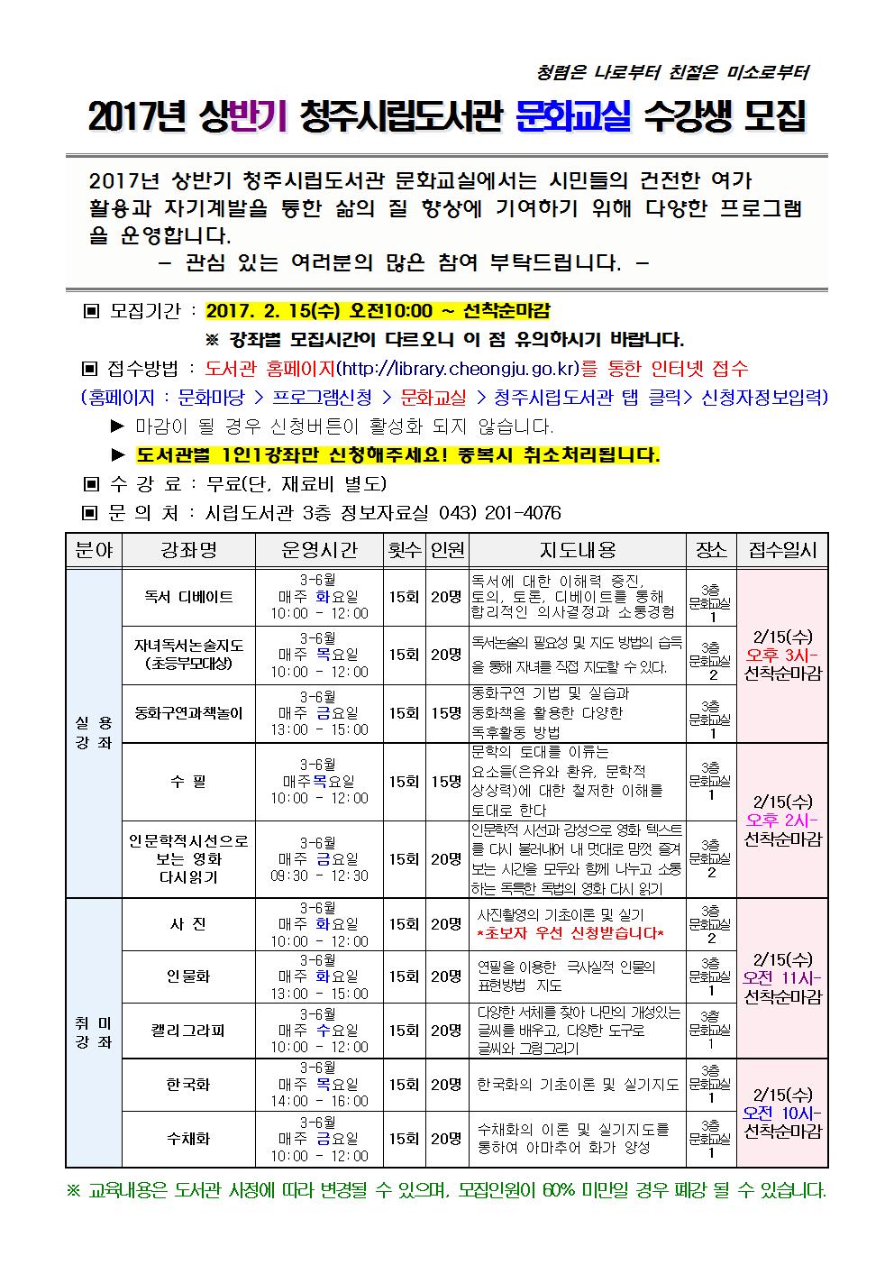 2017년 시립도서관 문화교실 수강생 모집