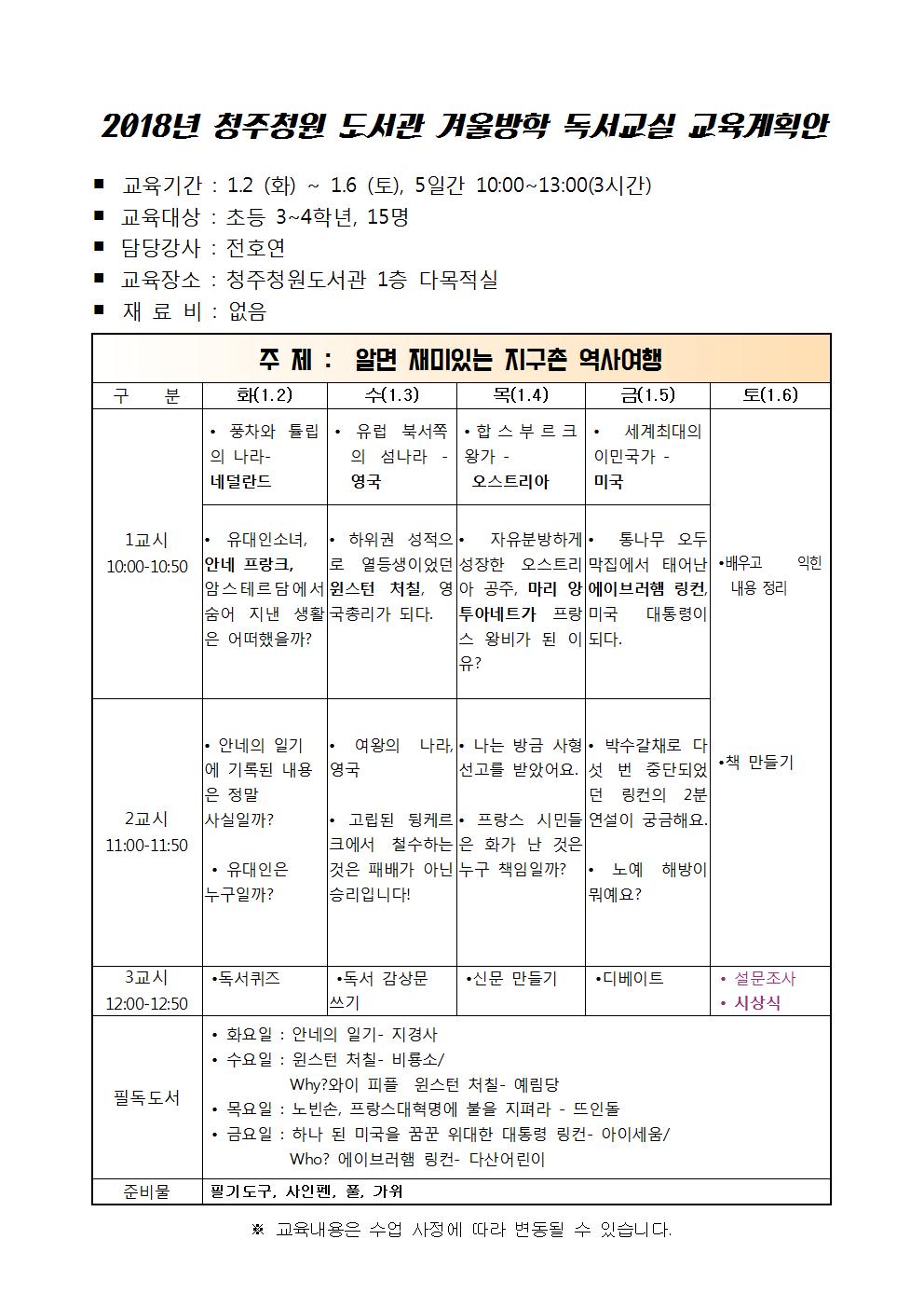 [청주청원도서관] 2018년 겨울방학특강 및 독서교실 접수 안내